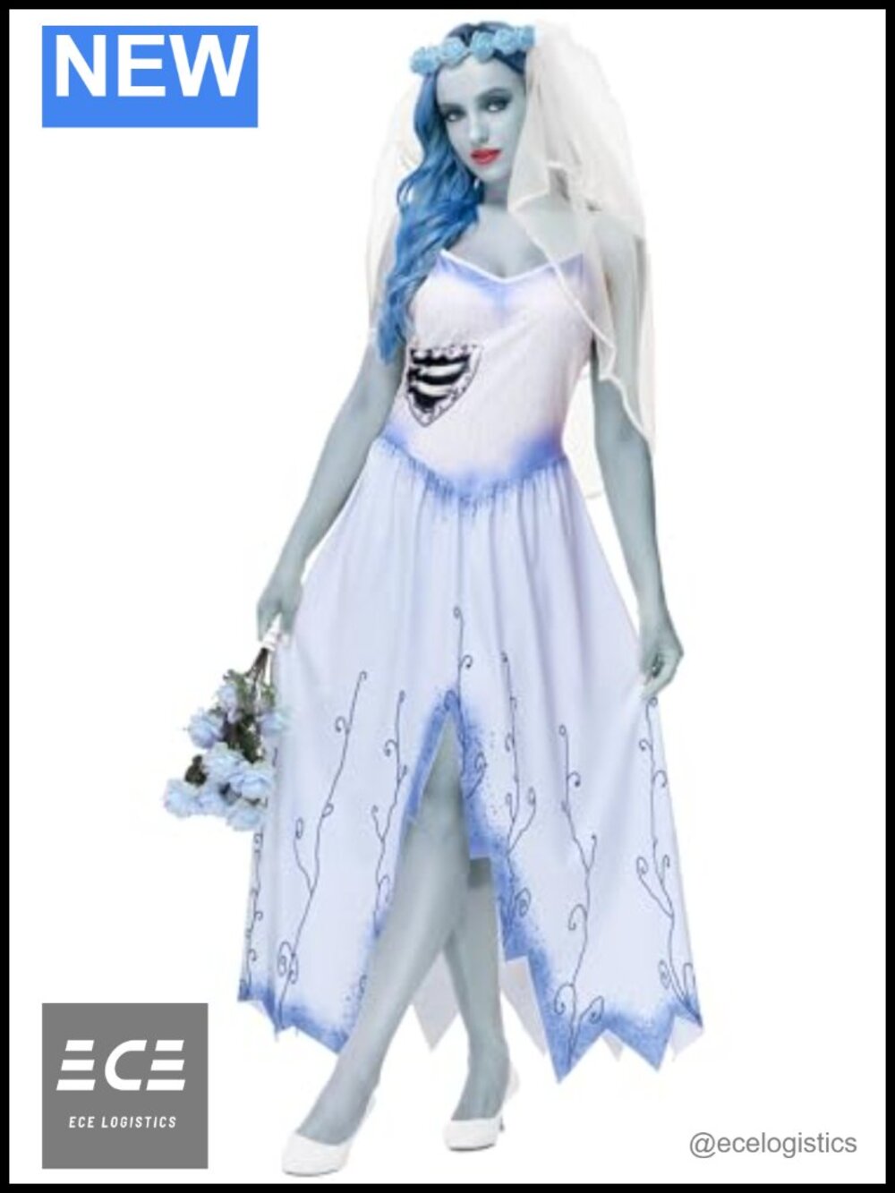 Halloween Zombie Bride Costume Sleeveless V-Neck Cosplay Dress